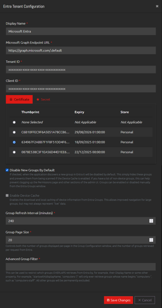 Screenshot showing the Entra Tenant Configuration in OVERLAPS