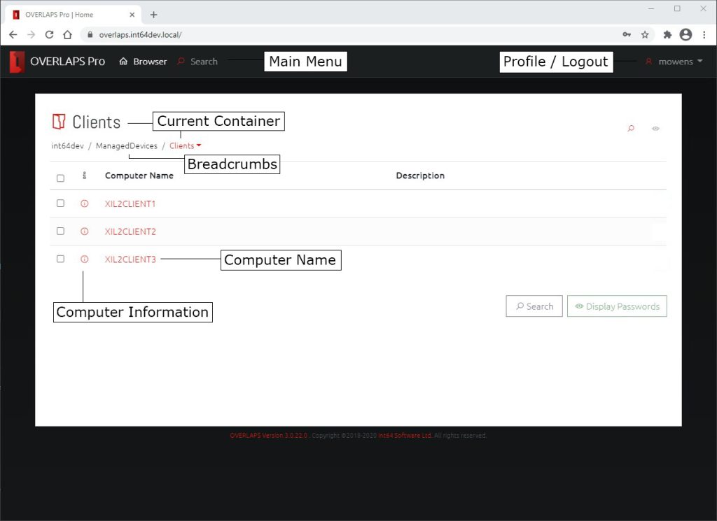 An annotated screenshot of the OVERLAPS interface, showing the Main Menu, container navigation, breadcrumbs and the computer list.