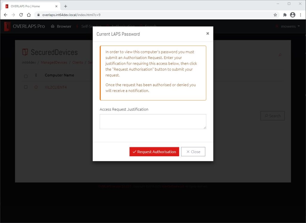 A screenshot of the window displayed when manual authorisation is required before viewing a computer's password.