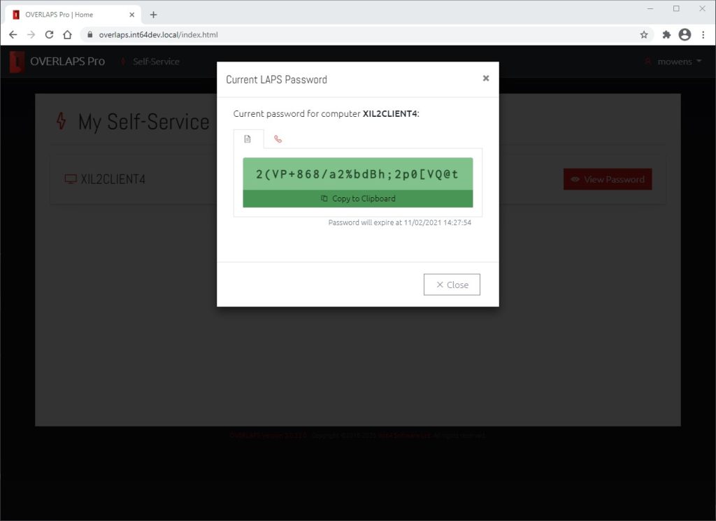 A screenshot of a password being viewed from the Self-Service interface.