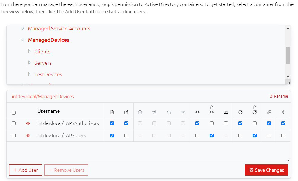 A screenshot showing the permissions editor for a selected Organizational Unit or container.