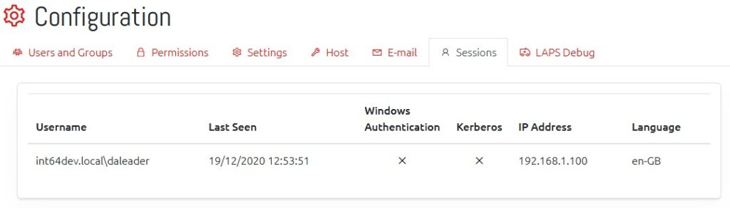 Screenshot of the active user session list