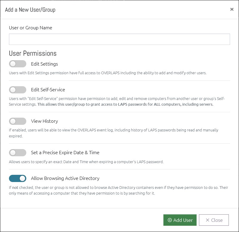 Window for Adding a New User