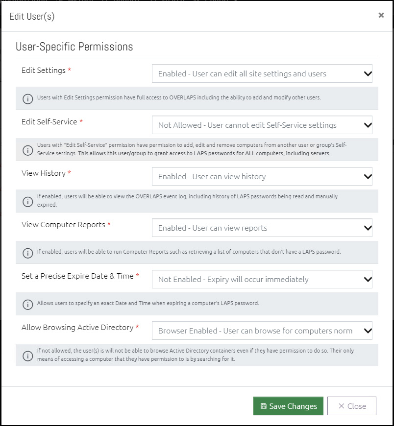 Edit Global User Access Levels Window