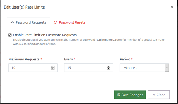 The "Edit User Rate Limits" window