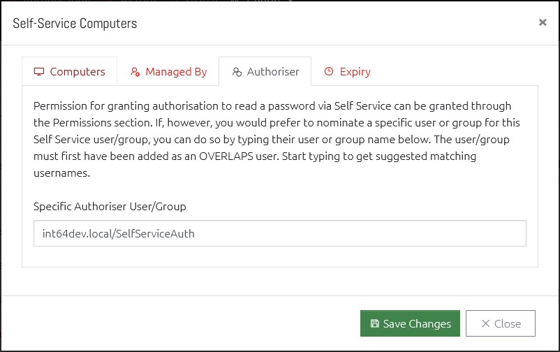 Edit Self-Service Window Authoriser Tab