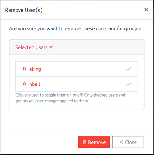 Removing a User confirmation window