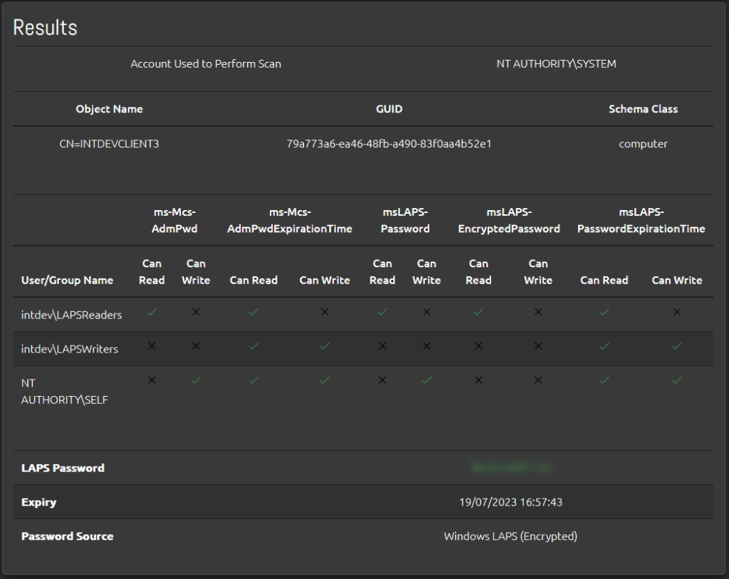 Screenshot of the results of a LAPS Debug scan on an AD computer, showing the LAPS-specific permissions set on its container and its current LAPS password state.