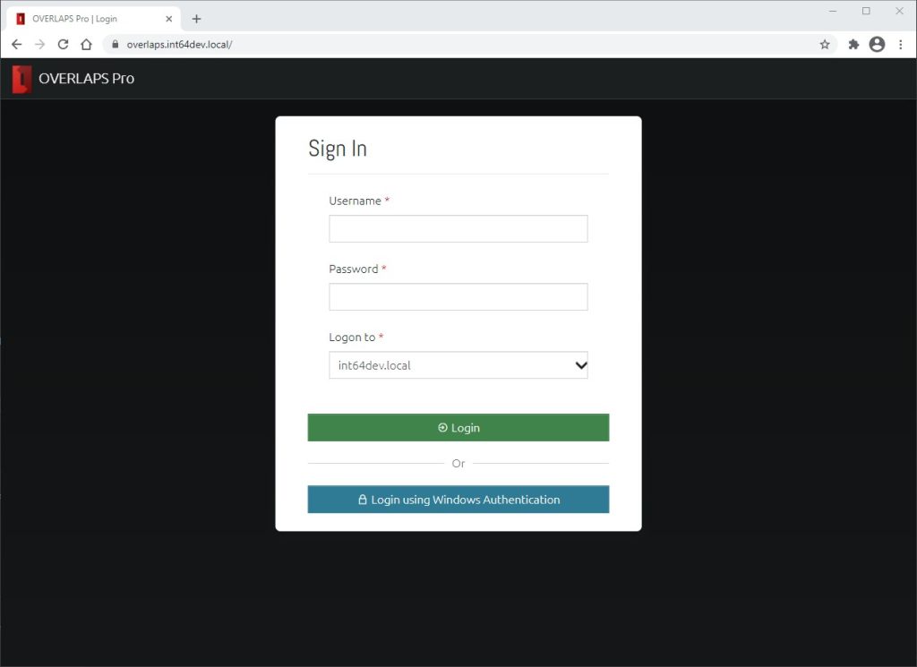 A screenshot of the OVERLAPS login screen