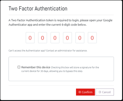 A screenshot showing the Two Factor Authentication window displayed when logging in