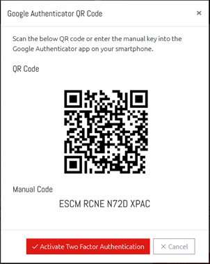 A screenshot of the Two-Factor Authentication activation window showing the QR code and manual entry code