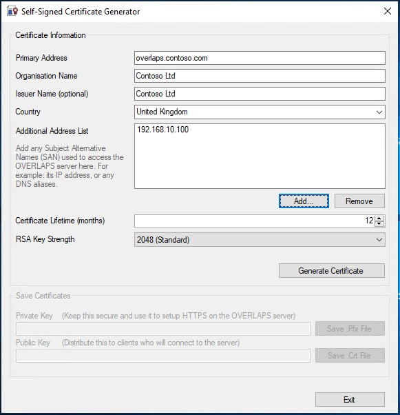 A screenshot of the Self-Signed Certificate Generator tool with some example data and settings filled in.